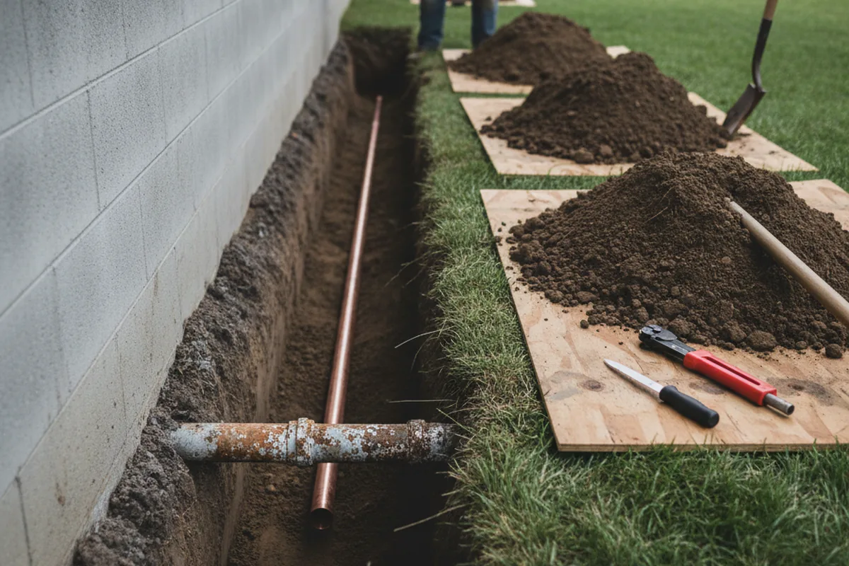 Excavated water line trench during Sewer Line Repair in Moorpark